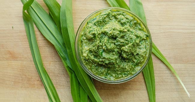 Small bowl of wild ramp pesto surrounded by bulbs.