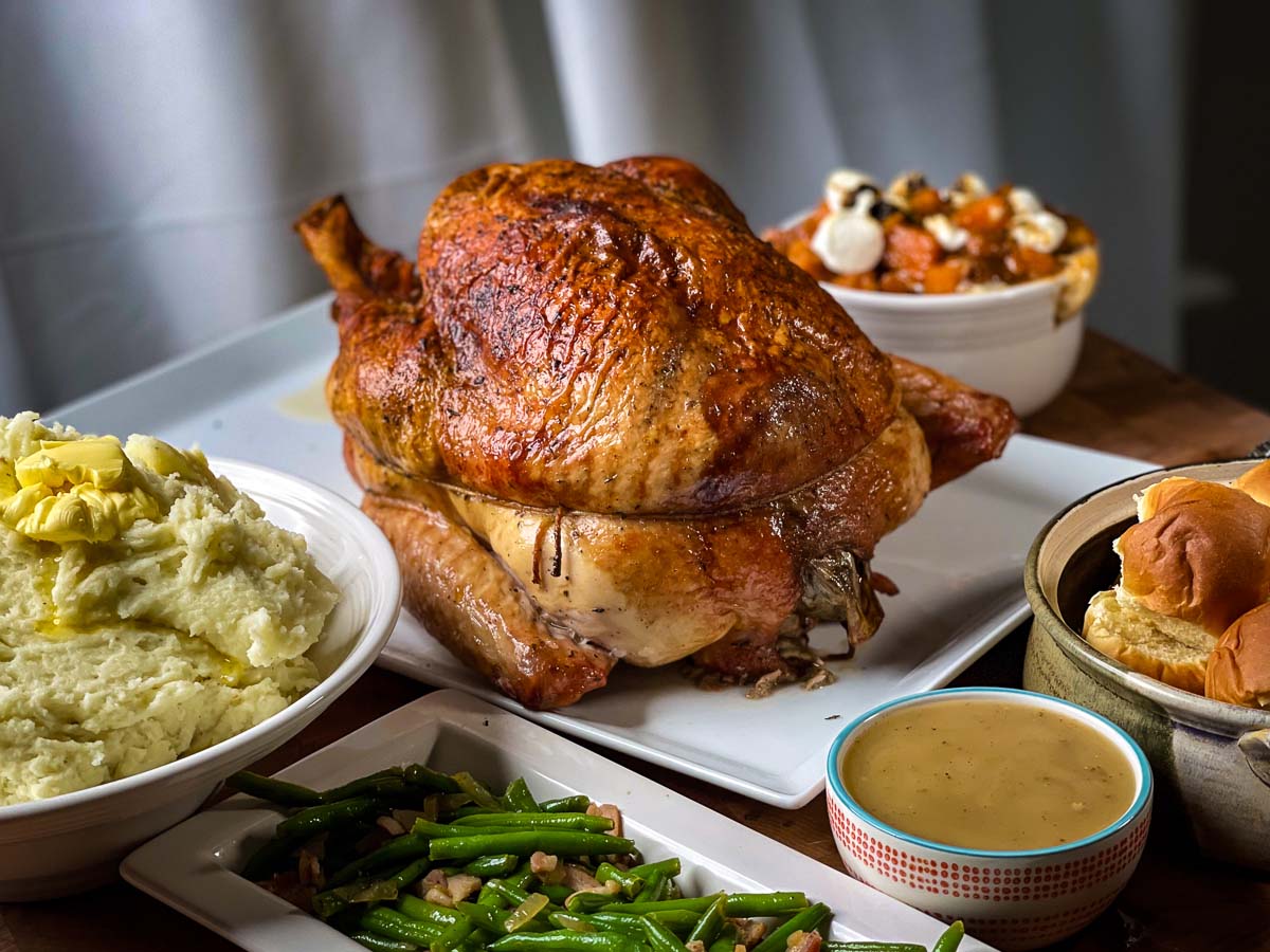 Smoked Turkey Thanksgiving meal with all classic side dishes.