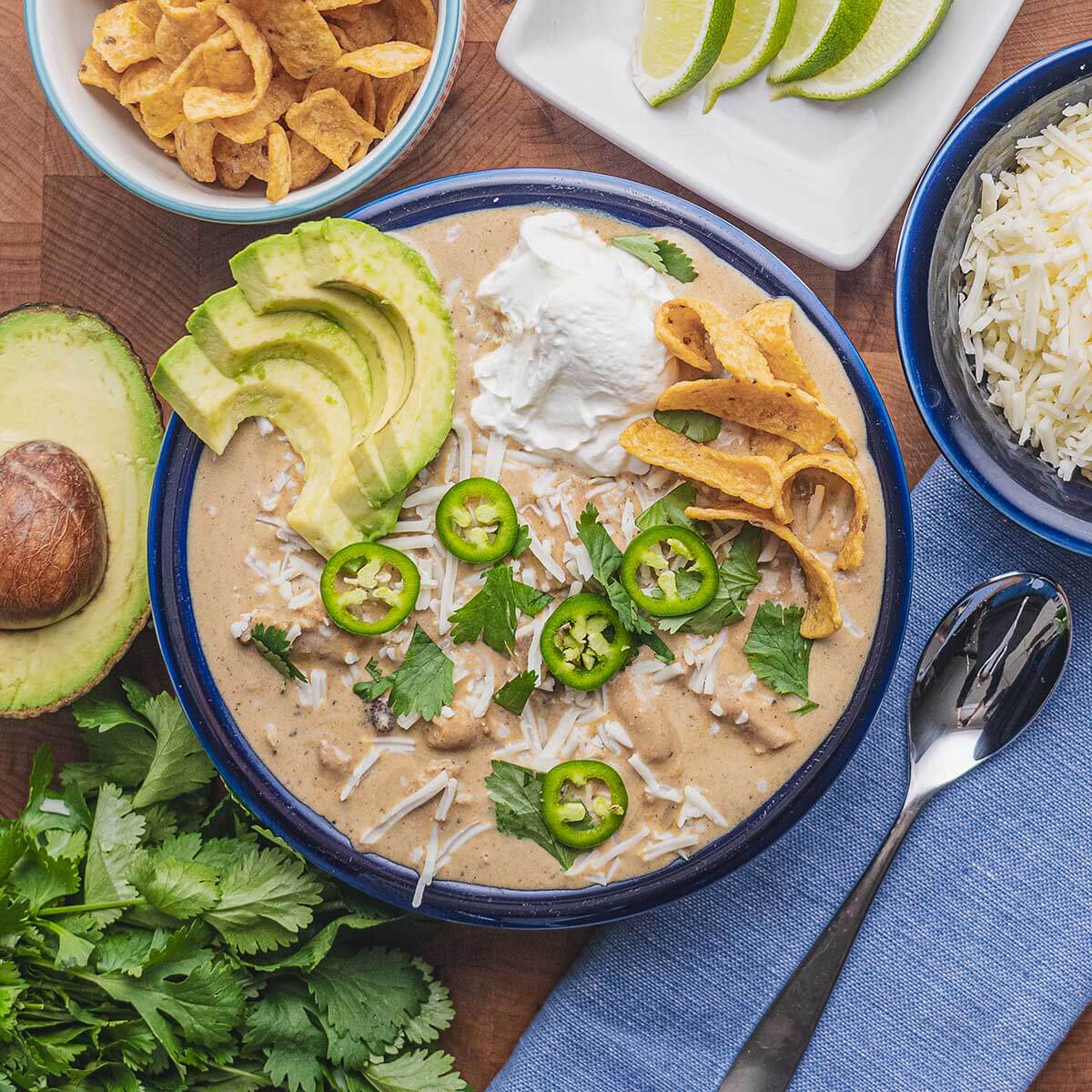 Top-down view of a bowl of white chicken chili.