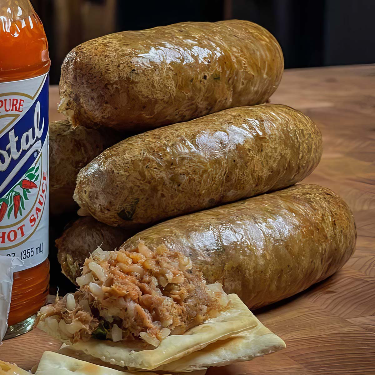 Cajun Boudin links stacked up on a butcher block. Uncased boudin rests on a cracker in front of the links.