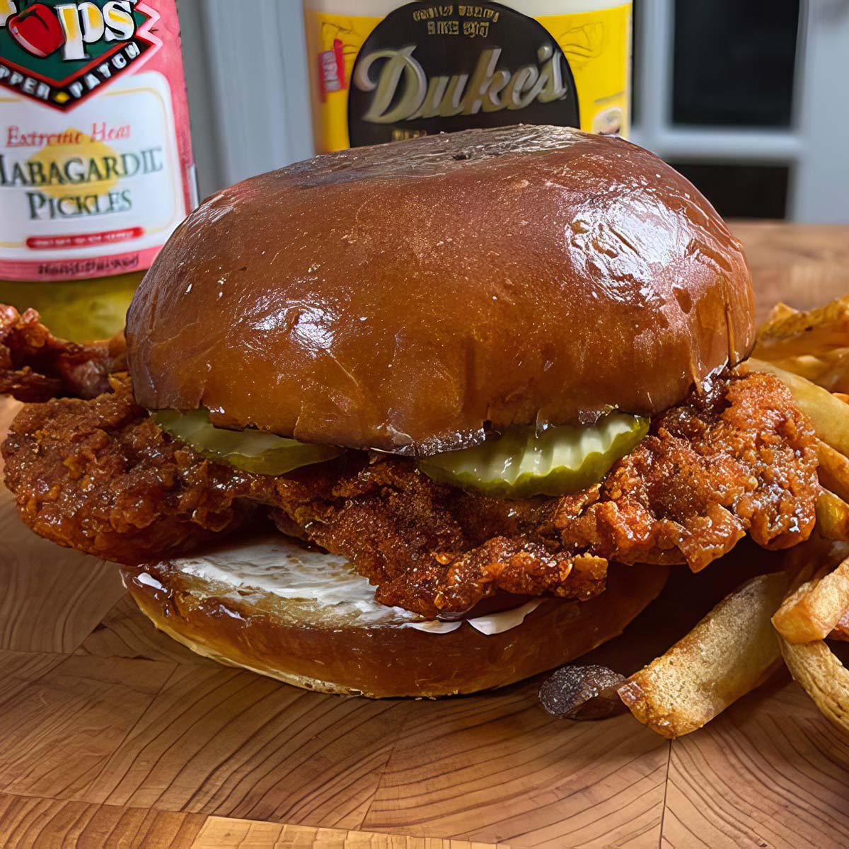 A Nashville Hot Chicken Sandwich sits on a butcher block flanked by fresh French fries.