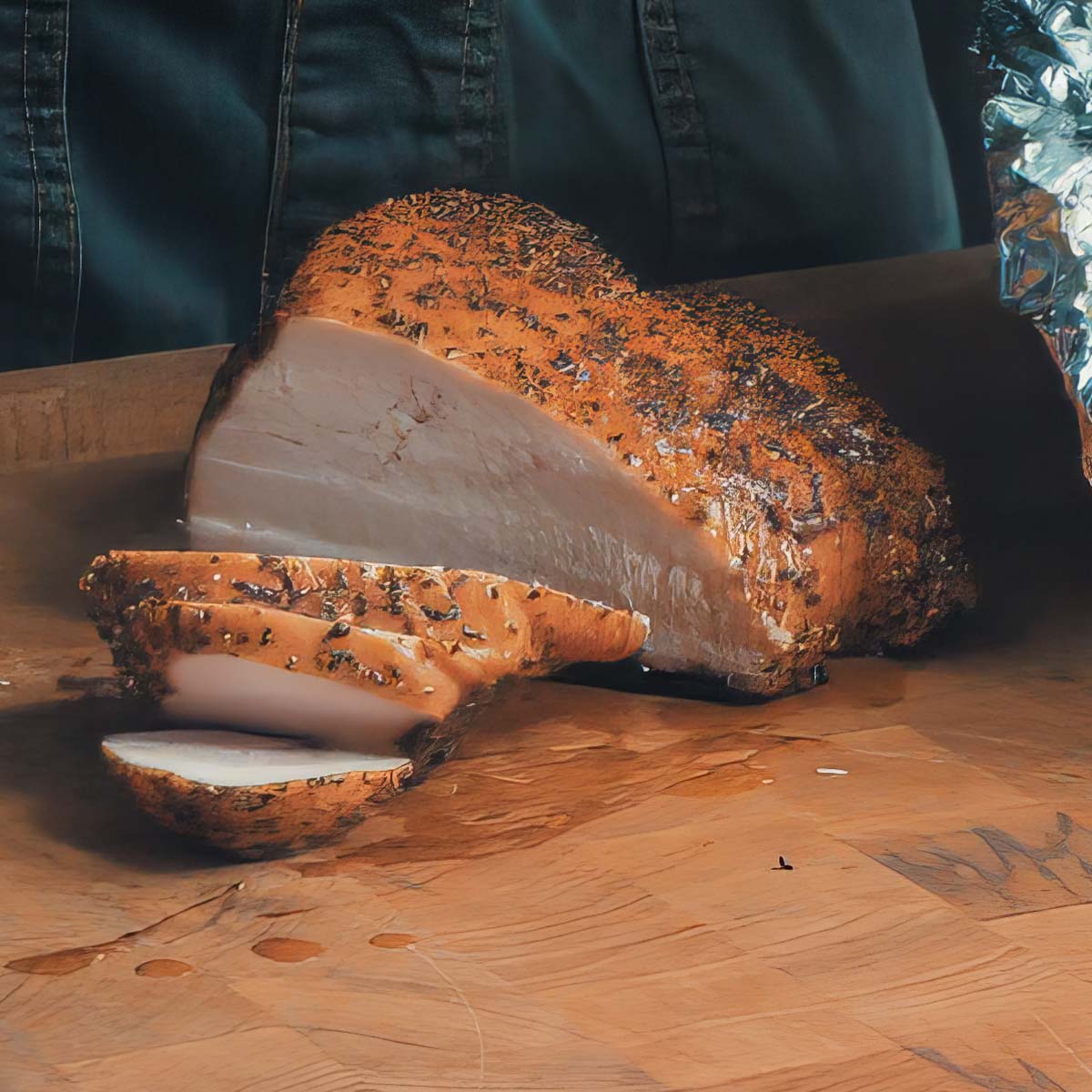 Sliced smoked turkey breast drips juices on a wooden cutting board.