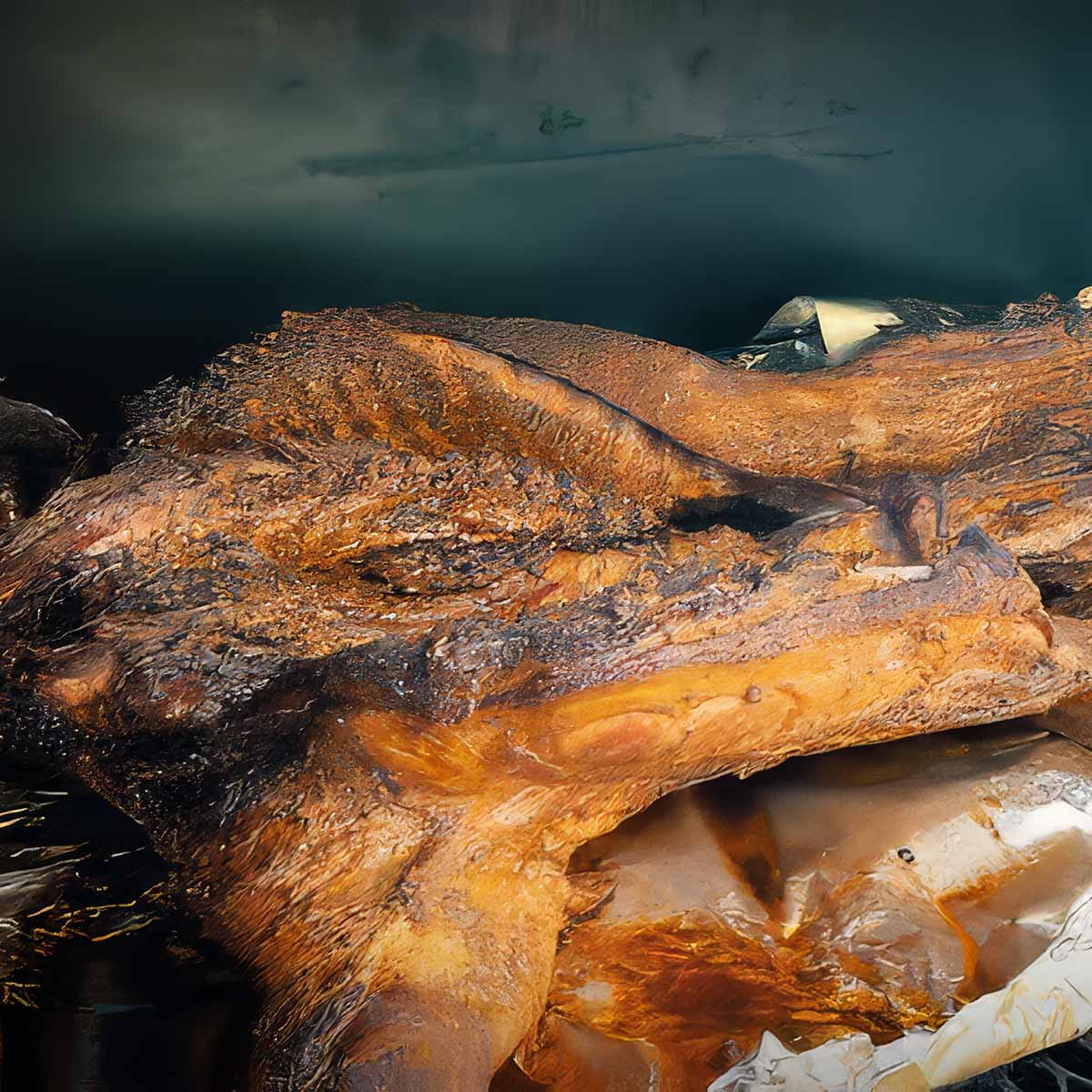 Whole smoked lamb lays inside a large smoker.