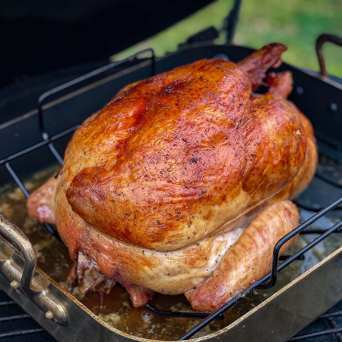 A golden brown whole turkey sits inside a smoker, atop a large roasting pan.